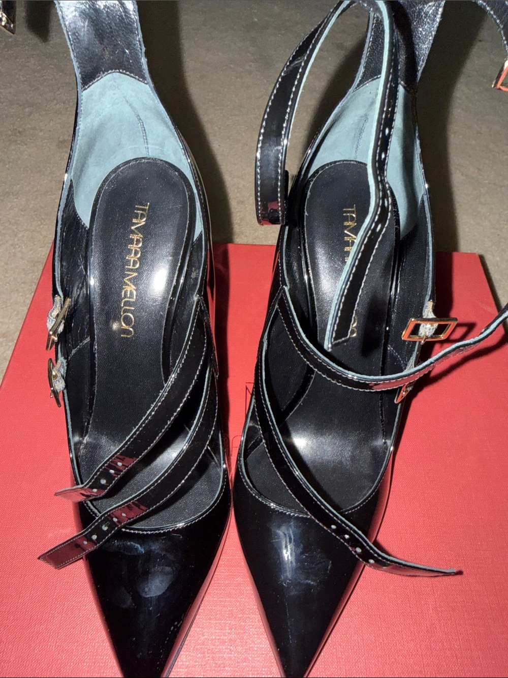 Tamara Mellon Black Patent Pointed Slingback Heels with Straps